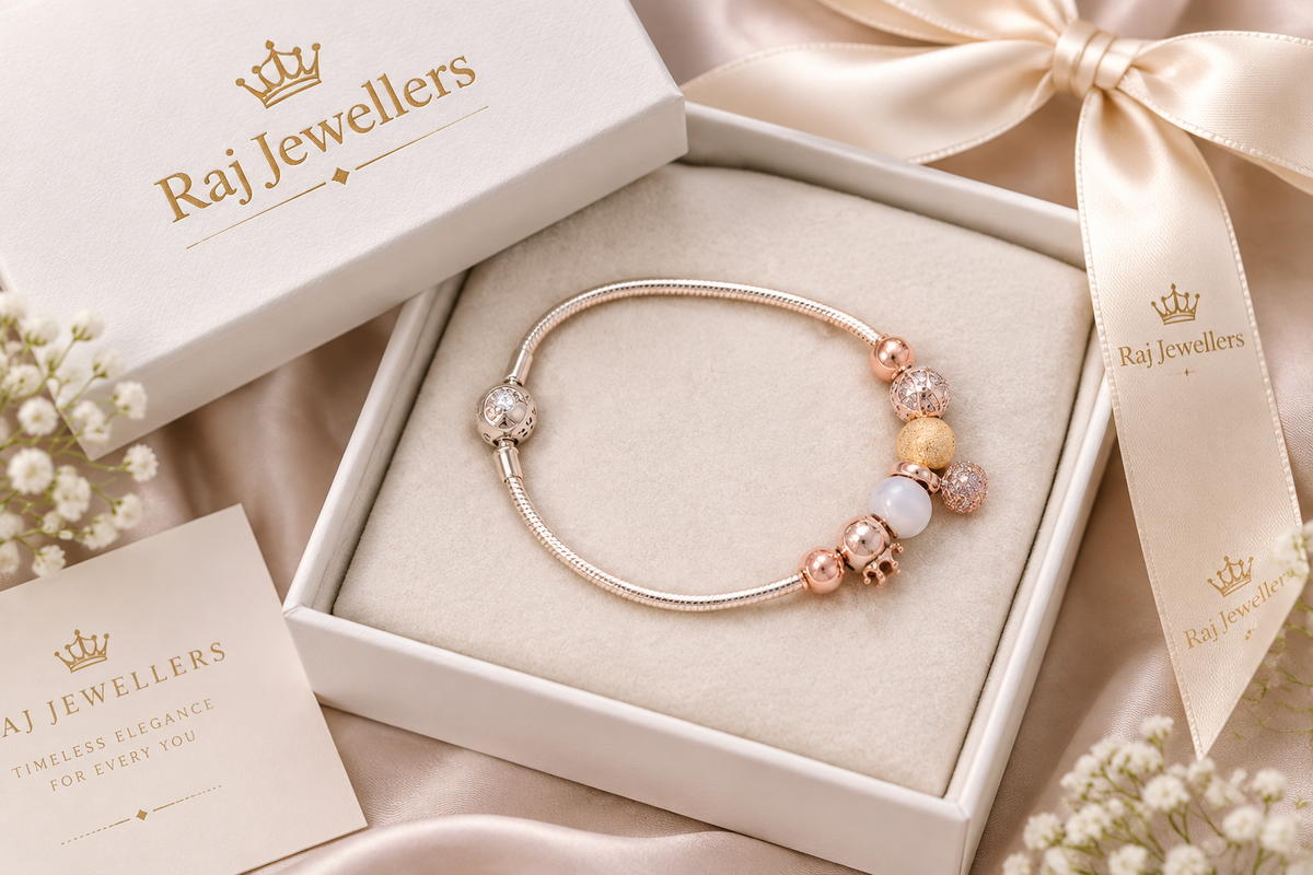 925 silver rose gold glitter bracelet in Raj Jewellers gift box