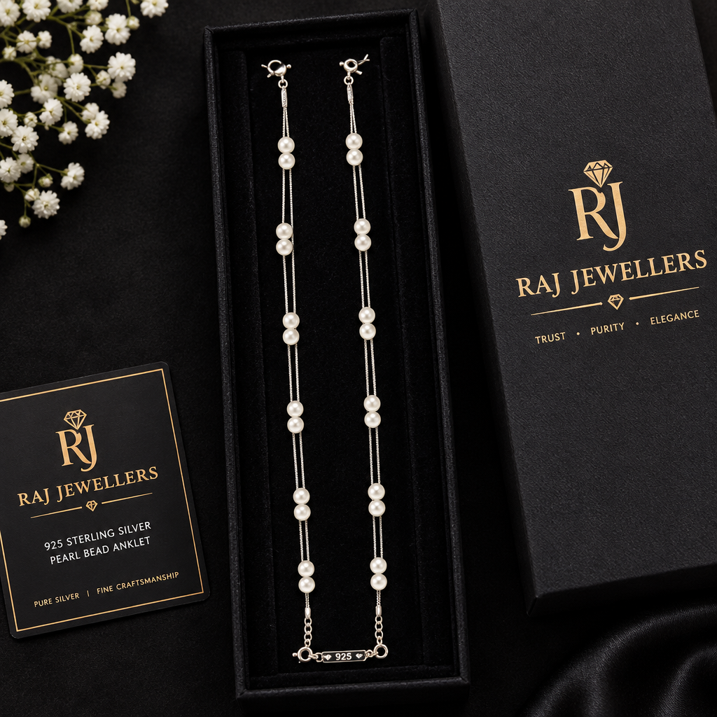 925 silver pearl anklet with Raj Jewellers packaging