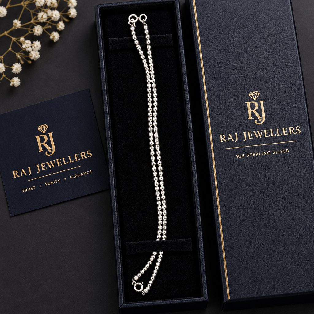 925 silver ball bead anklet with Raj Jewellers packaging