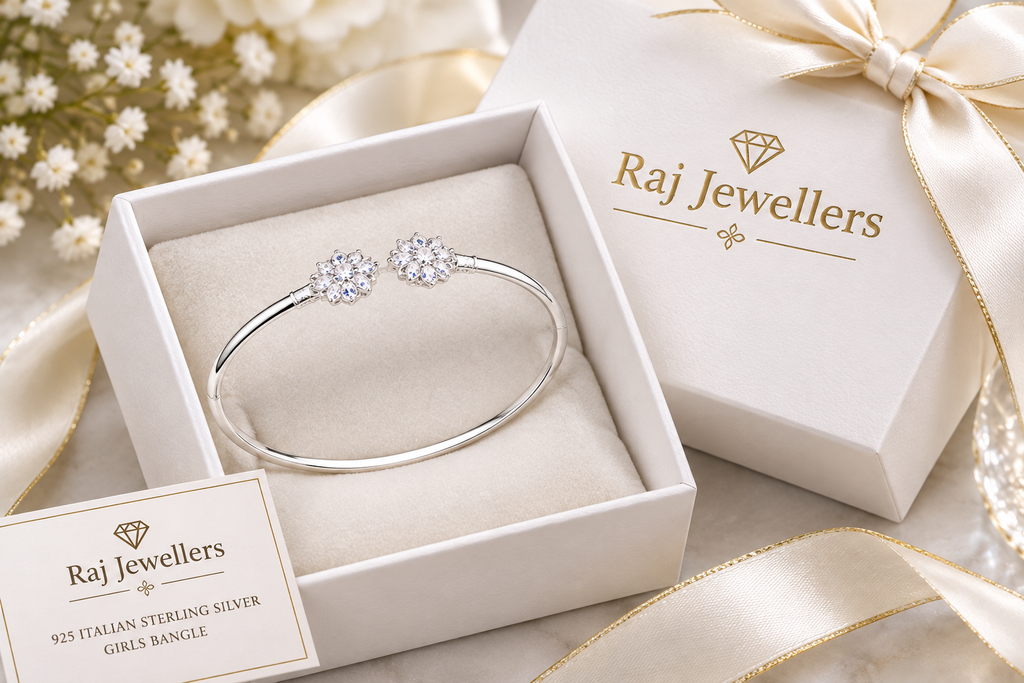 925 Italian silver girls bangle in Raj Jewellers gift box
