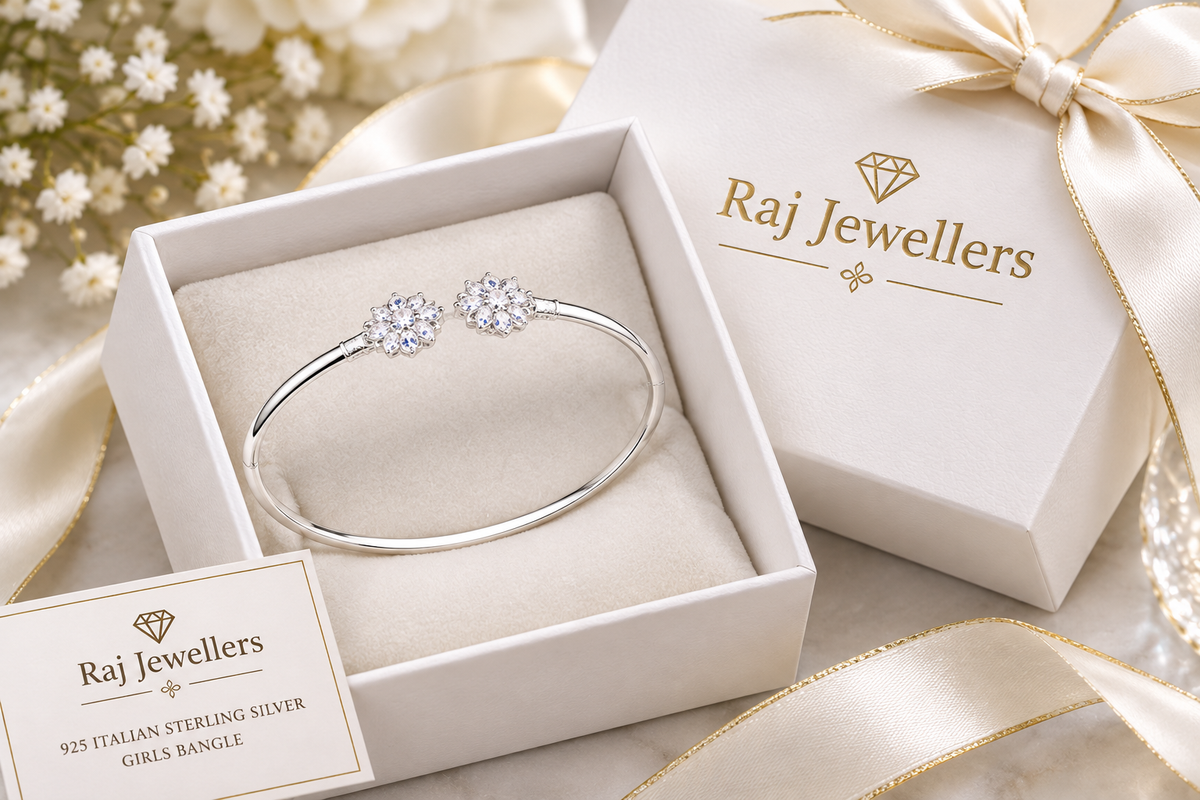 925 Italian silver girls bangle in Raj Jewellers gift box