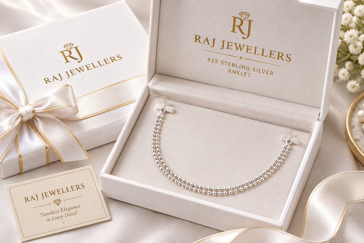 925 silver ball bead anklet in Raj Jewellers gift box