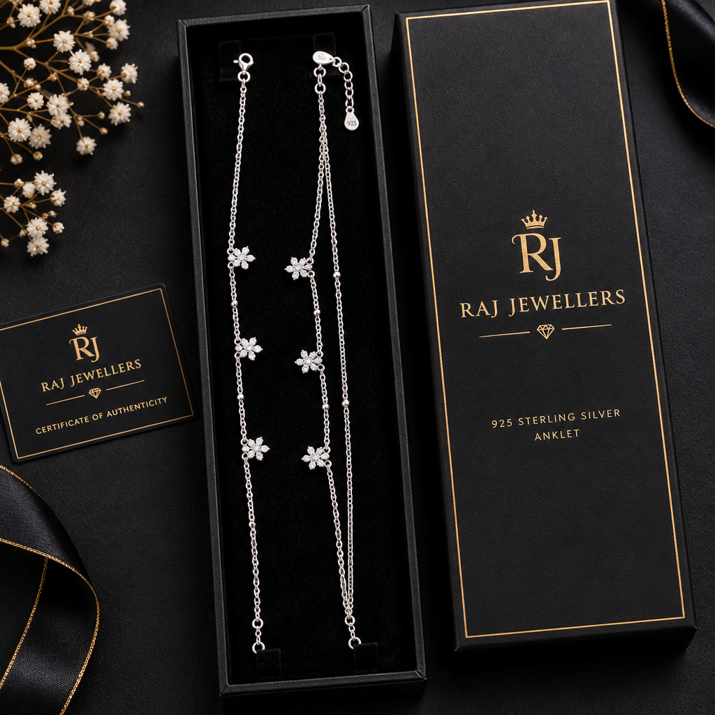 925 silver snowflake charm anklet with Raj Jewellers packaging
