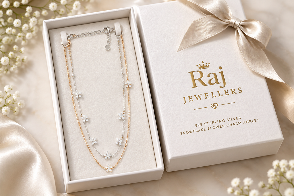 925 silver snowflake charm anklet in Raj Jewellers gift box