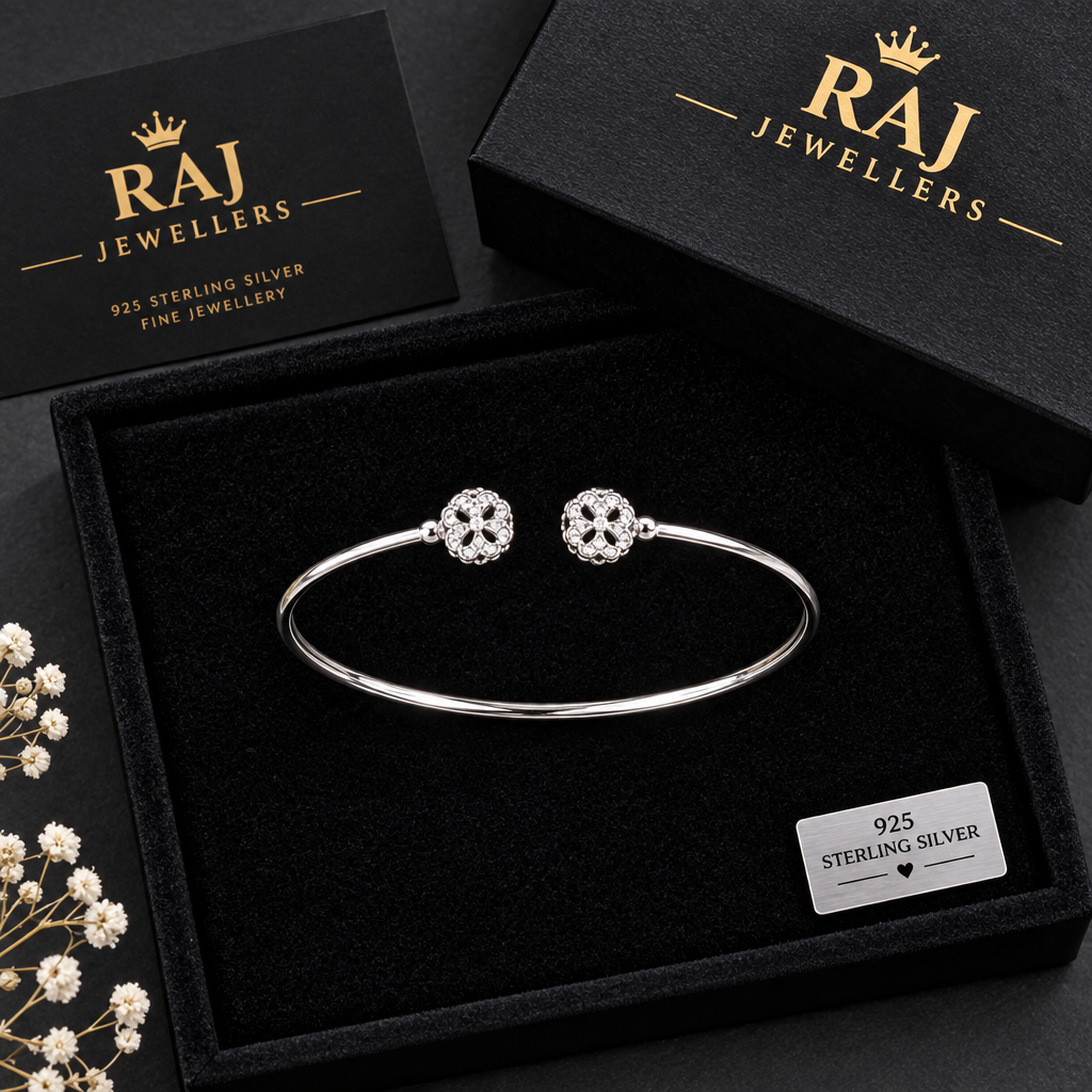 925 Italian silver clover charm kada with Raj Jewellers packaging