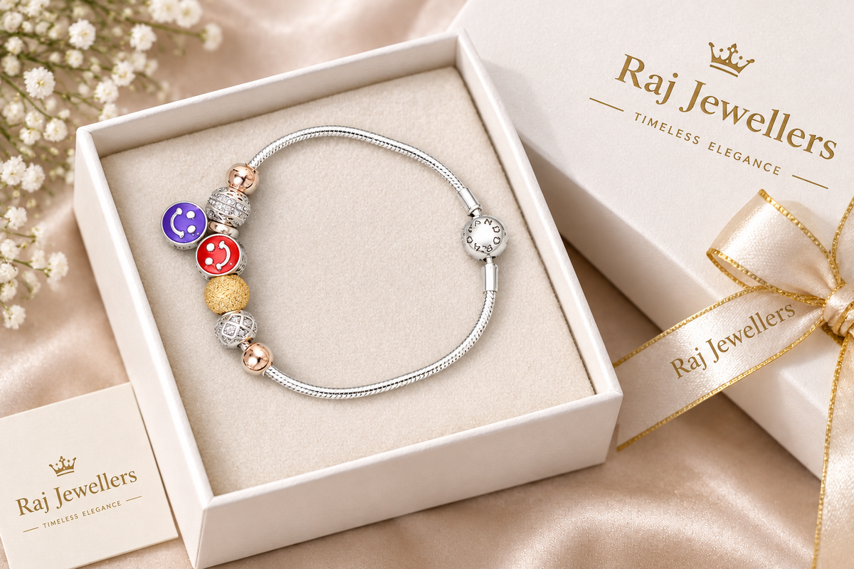 925 silver smiley charm bracelet in Raj Jewellers gift box