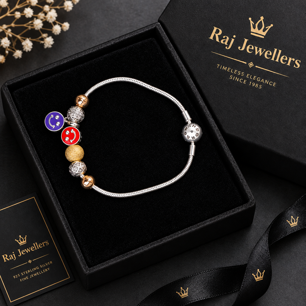 925 silver smiley charm bracelet with Raj Jewellers packaging