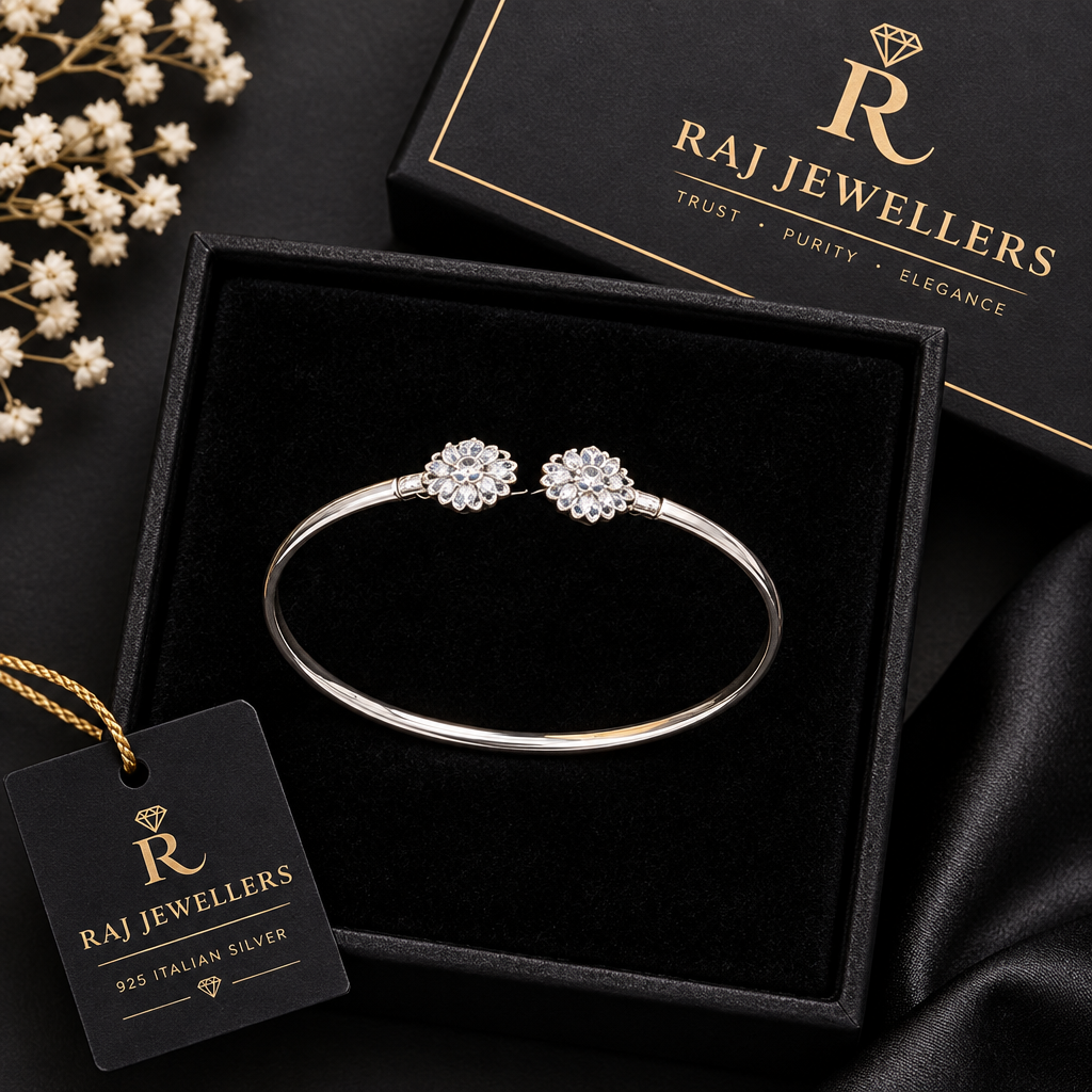 925 Italian silver girls bangle with Raj Jewellers packaging