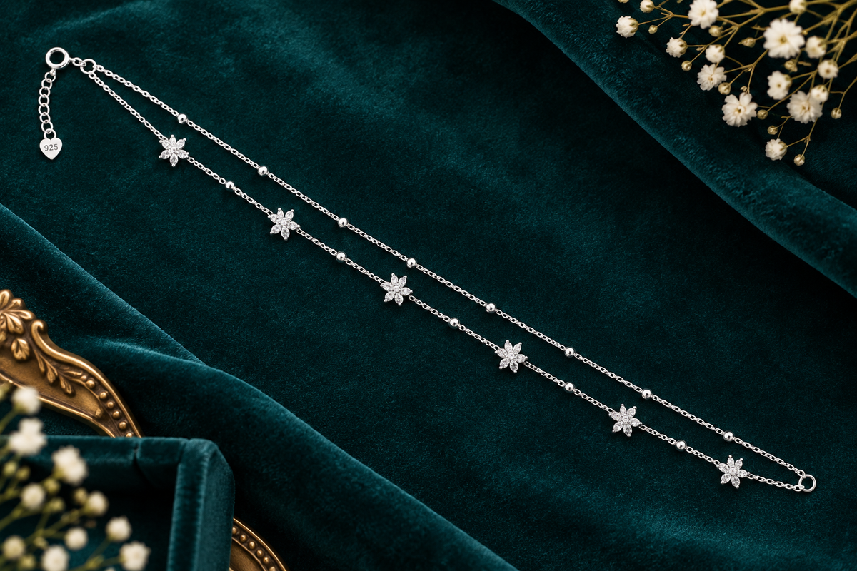 925 silver snowflake charm anklet flat lay on teal velvet