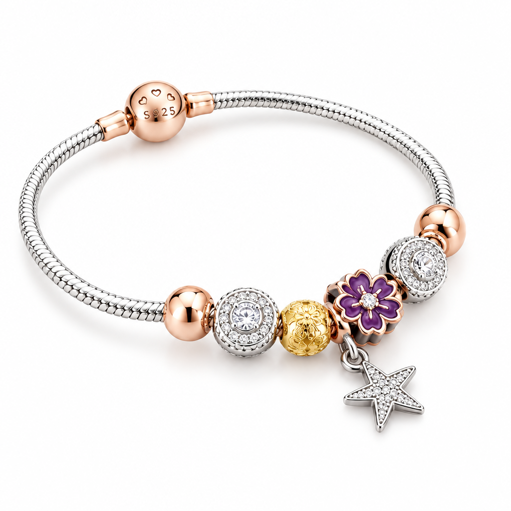925 silver rose gold charm bracelet on white background