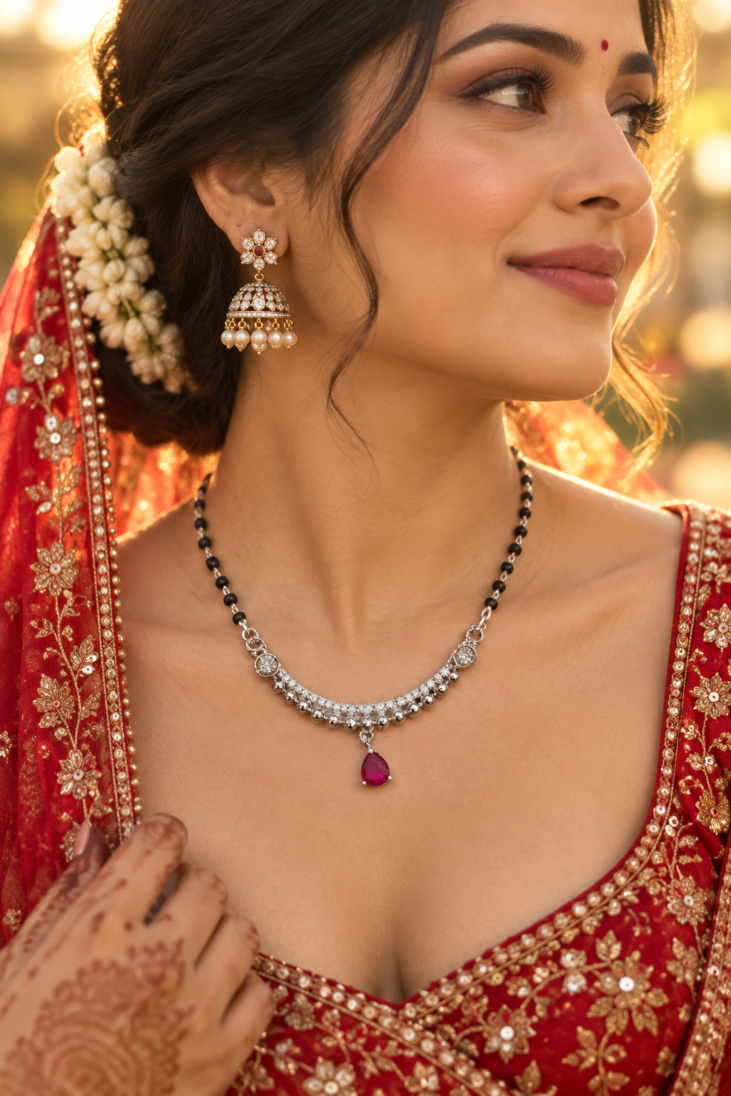 925 Silver Italian Mangalsutra Black Beads & Ruby Pendant