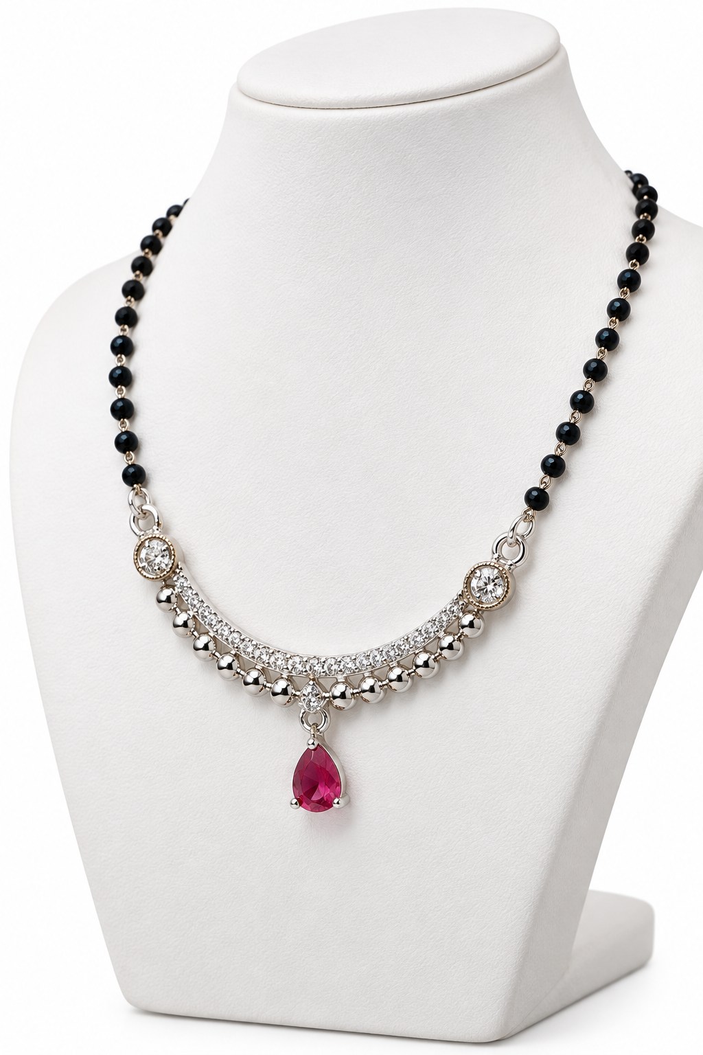 925 Silver Italian Mangalsutra Black Beads & Ruby Pendant