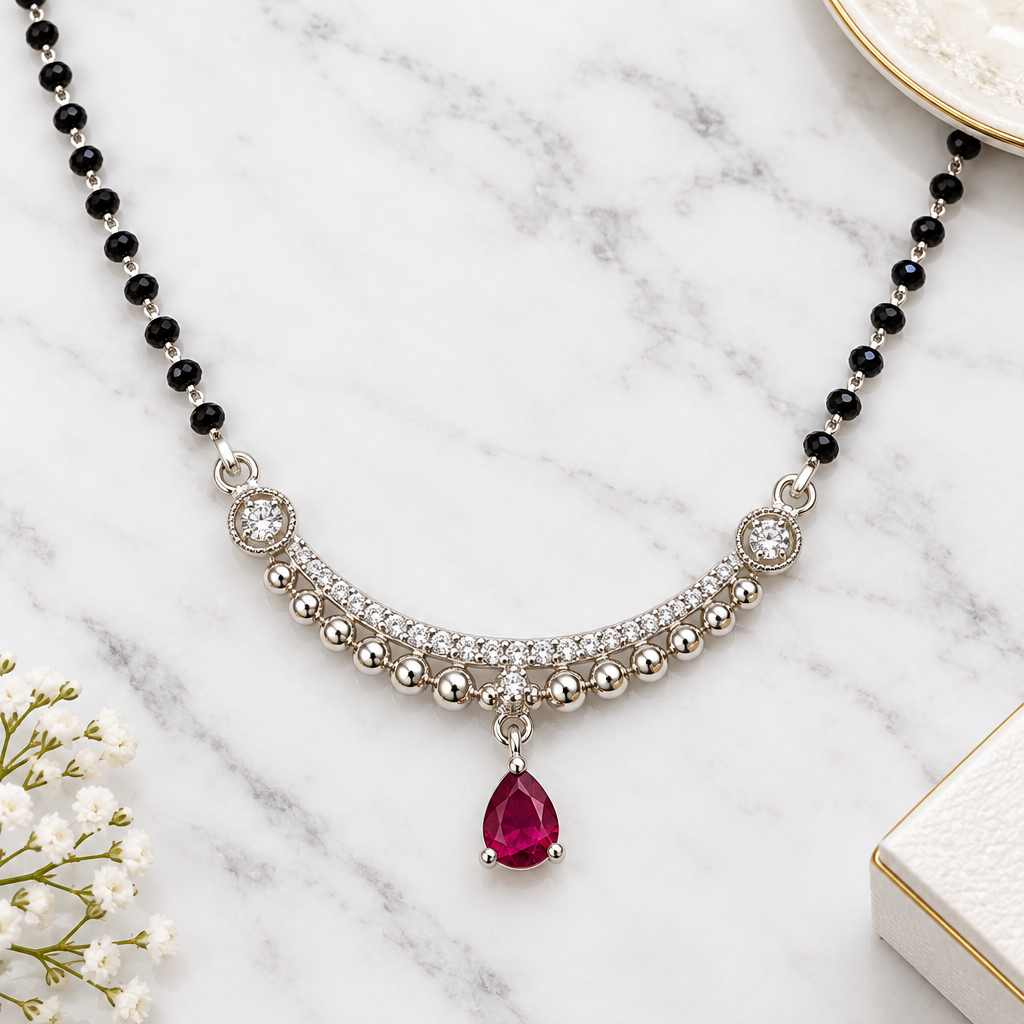 925 Silver Italian Mangalsutra Black Beads & Ruby Pendant
