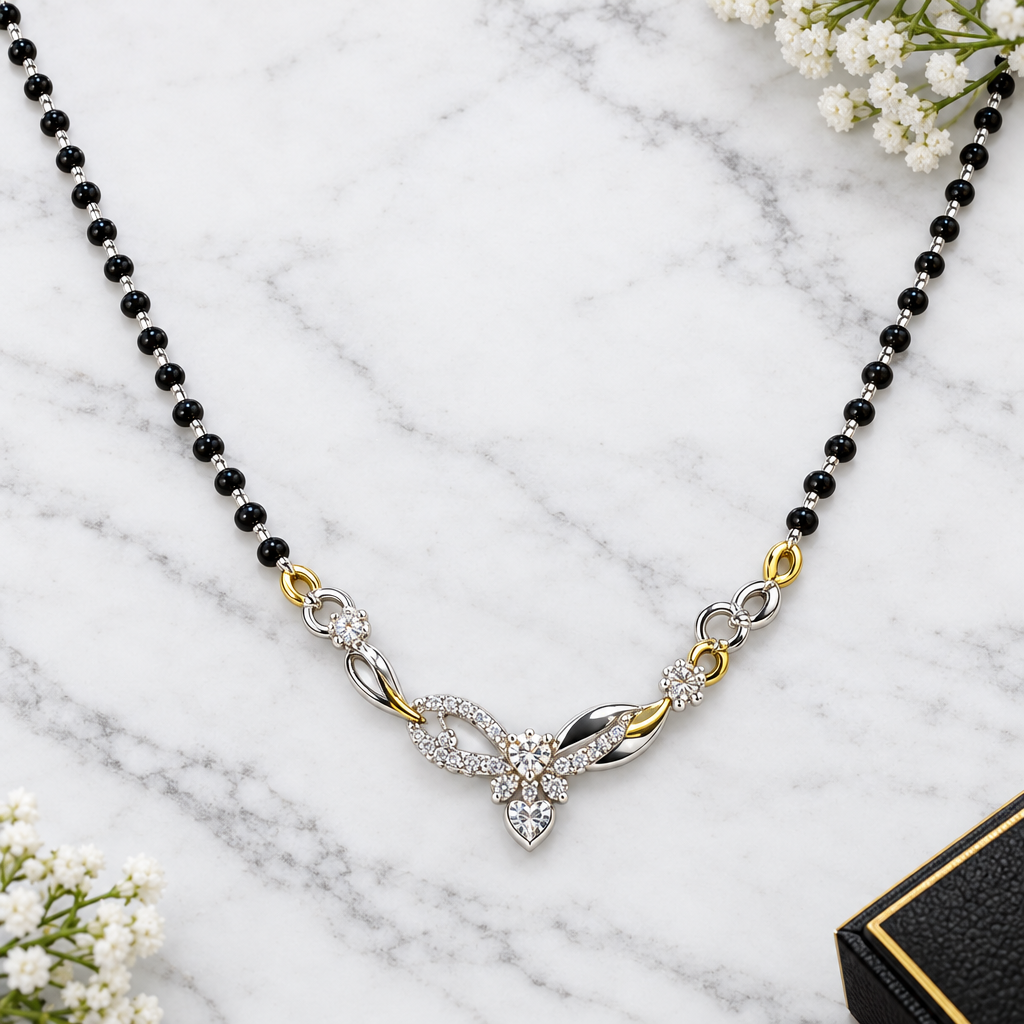 925 Silver Italian Butterfly Heart Mangalsutra Black Beads & CZ Pendant