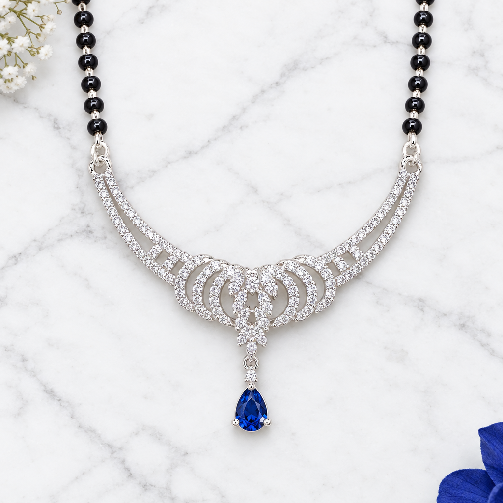 925 Silver Italian Mangalsutra | Sapphire Blue CZ Pendant