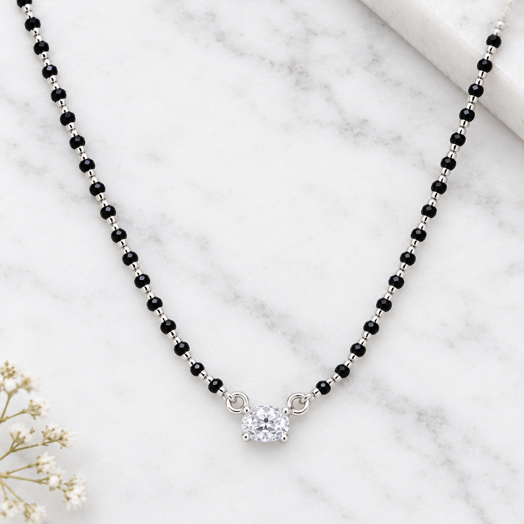 925 Silver Italian Minimalist Mangalsutra | Oval CZ Solitaire Pendant