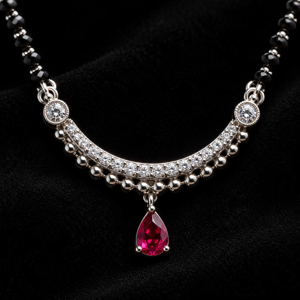925 Silver Italian Mangalsutra Black Beads & Ruby Pendant