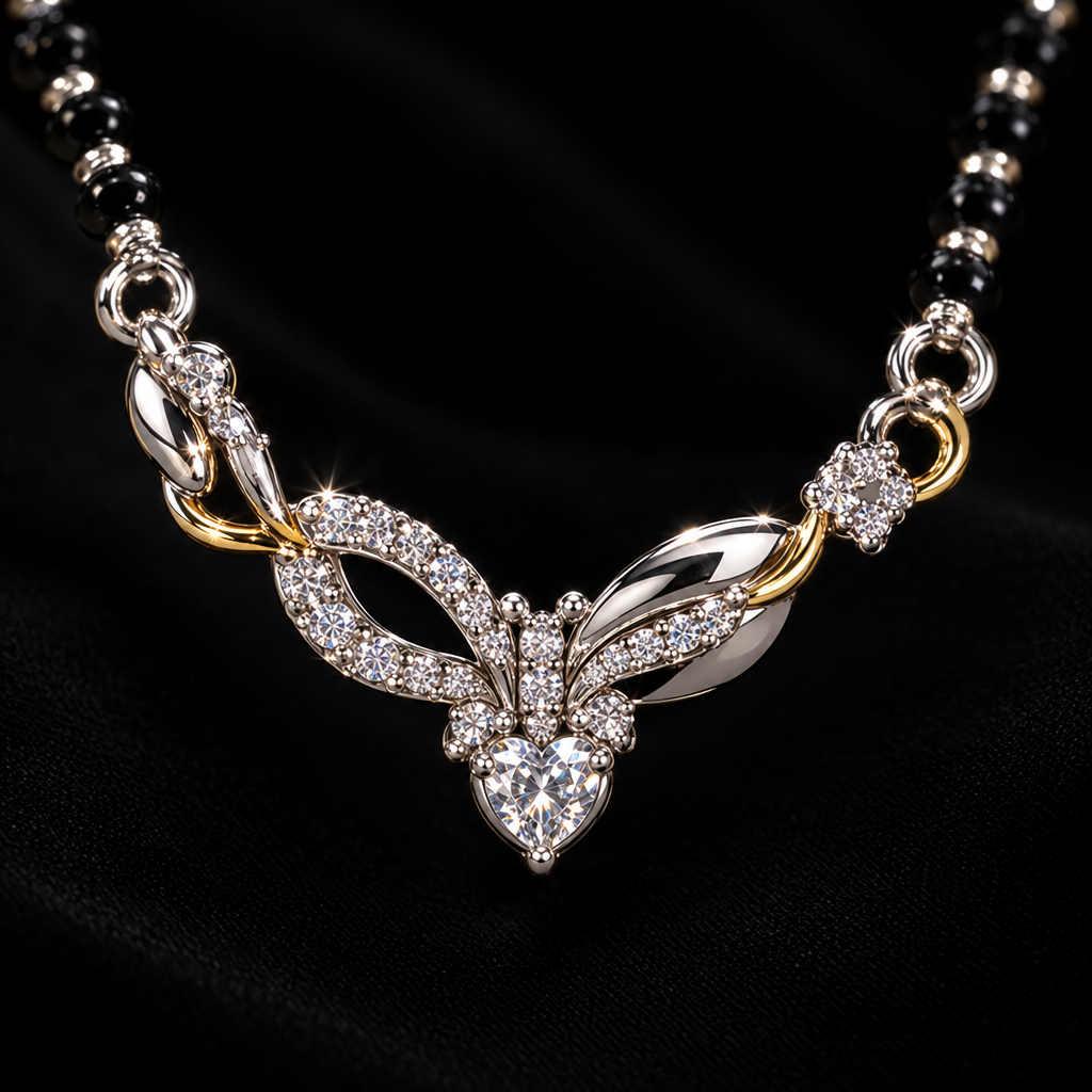 925 Silver Italian Butterfly Heart Mangalsutra Black Beads & CZ Pendant