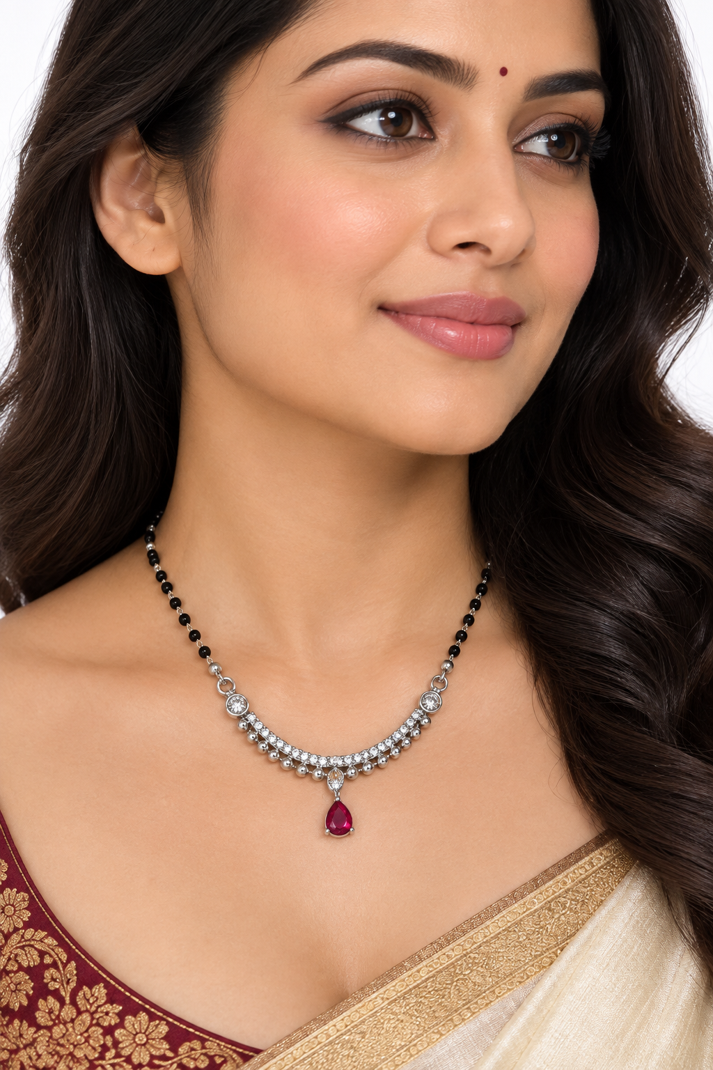 925 Silver Italian Mangalsutra Black Beads & Ruby Pendant