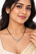 925 Silver Italian Butterfly Heart Mangalsutra Black Beads & CZ Pendant