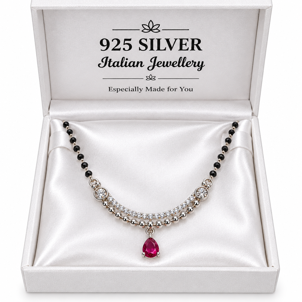 925 Silver Italian Mangalsutra Black Beads & Ruby Pendant