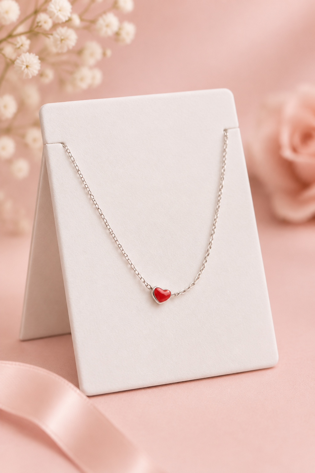 925 Silver Italian Red Enamel Heart Pendant Chain