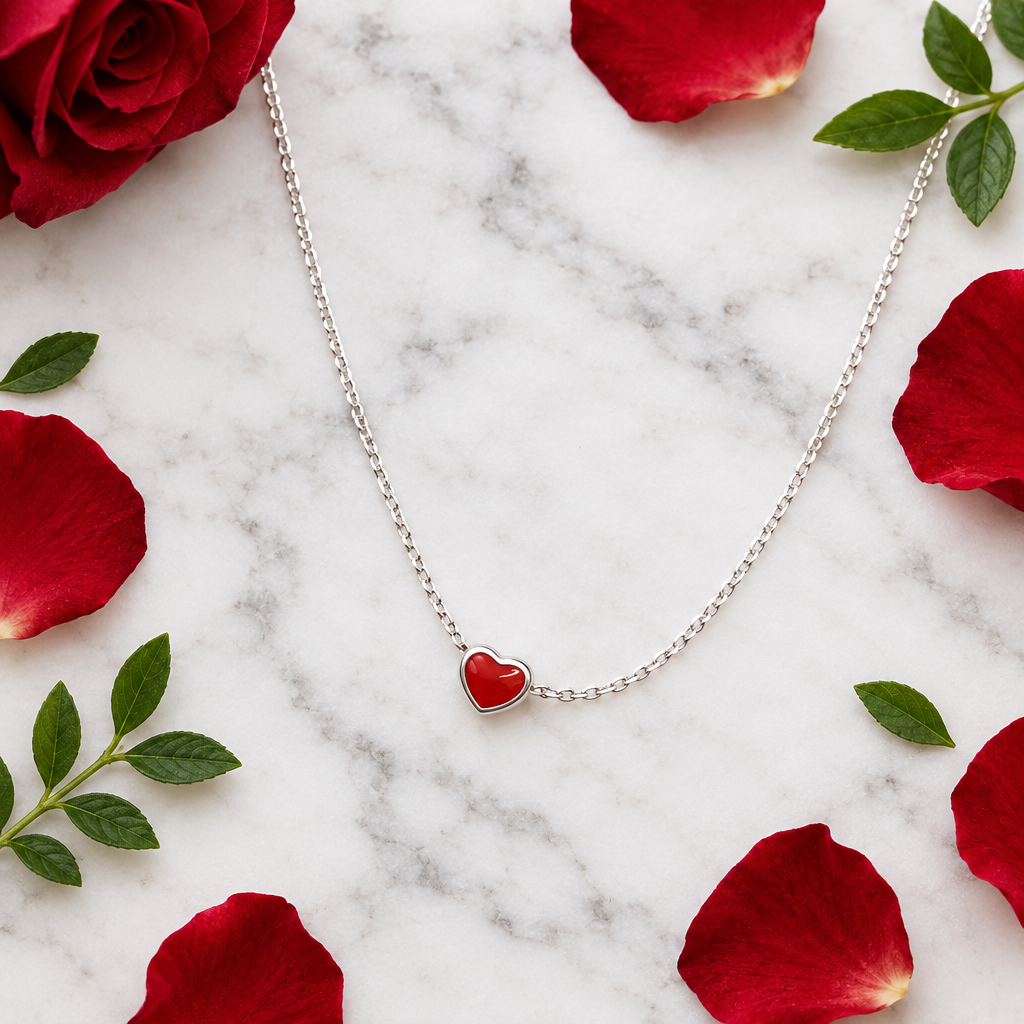 925 Silver Italian Red Enamel Heart Pendant Chain