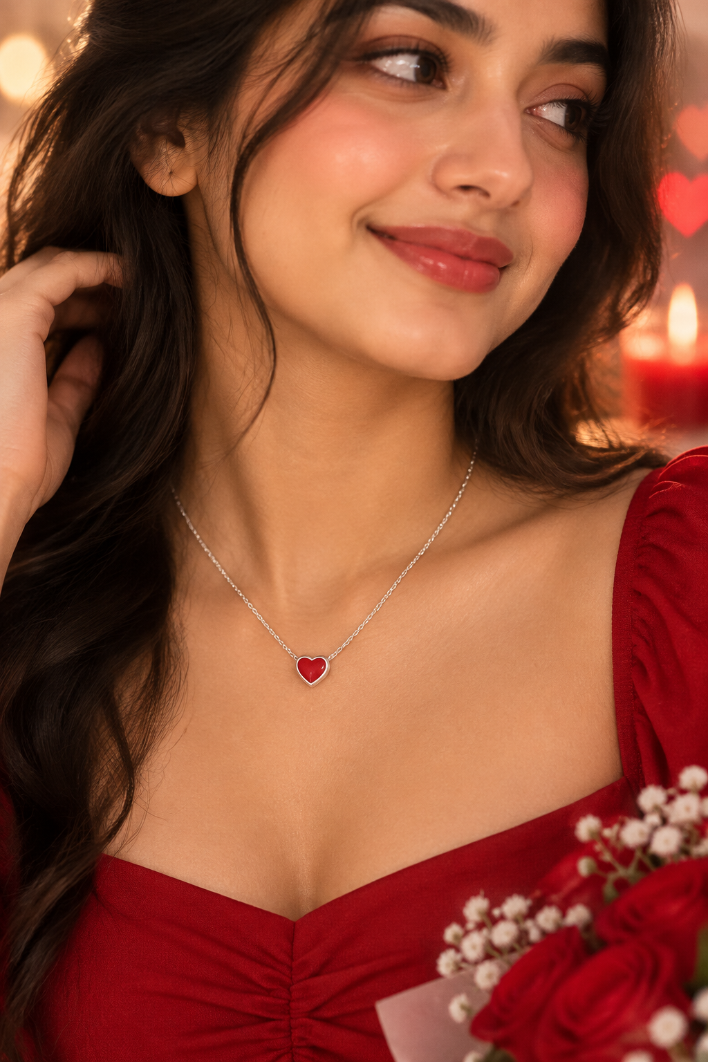 925 Silver Italian Red Enamel Heart Pendant Chain