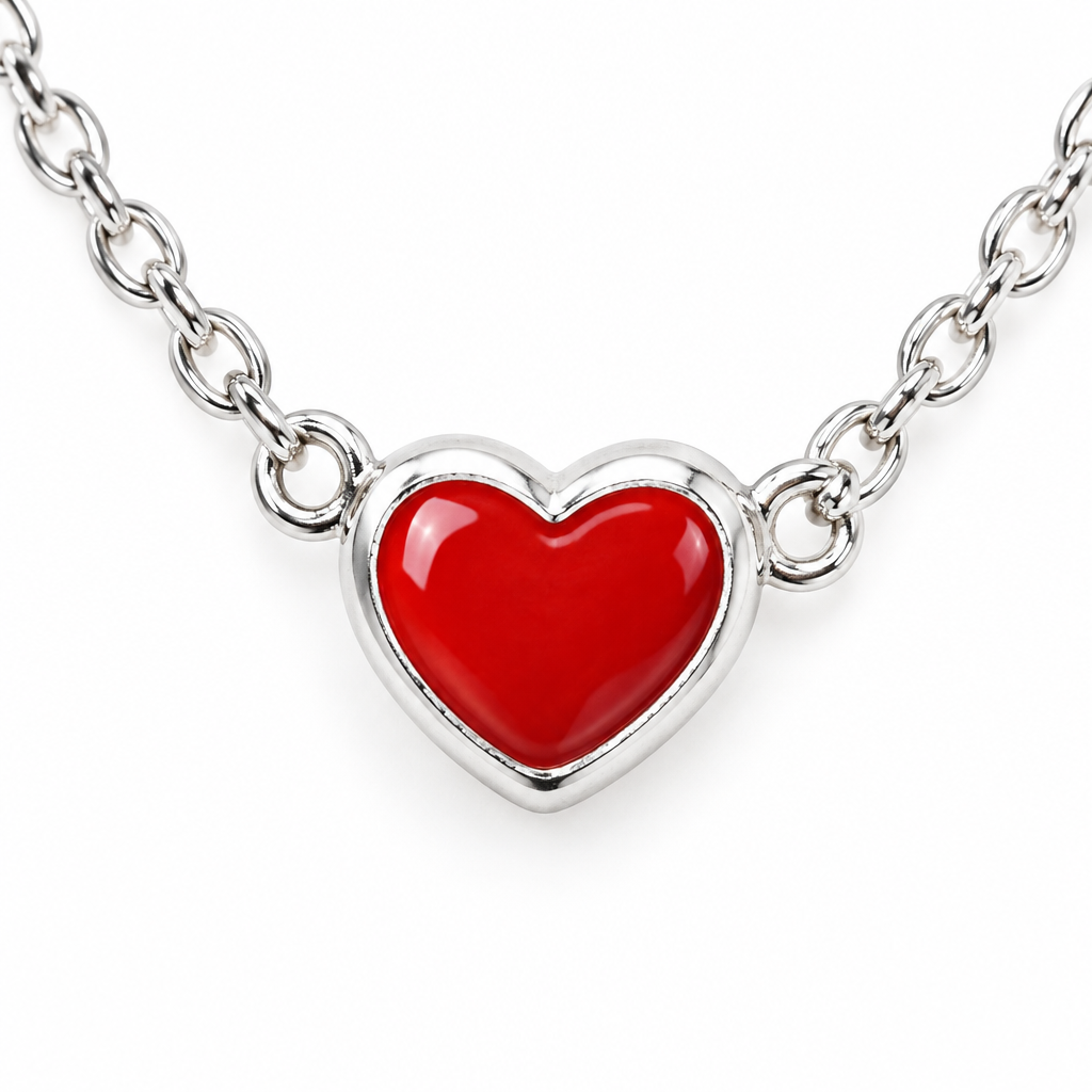 925 Silver Italian Red Enamel Heart Pendant Chain