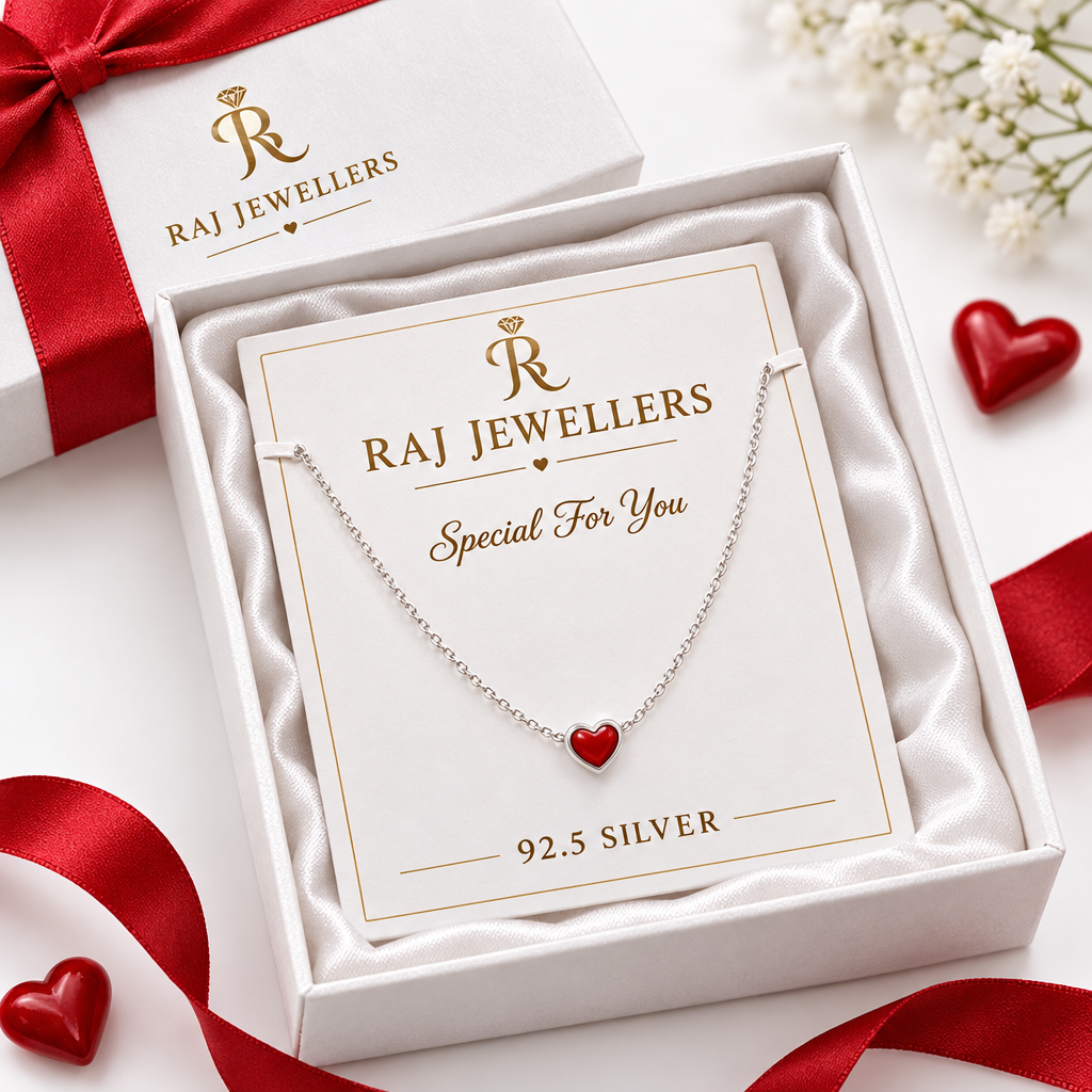 925 Silver Italian Red Enamel Heart Pendant Chain
