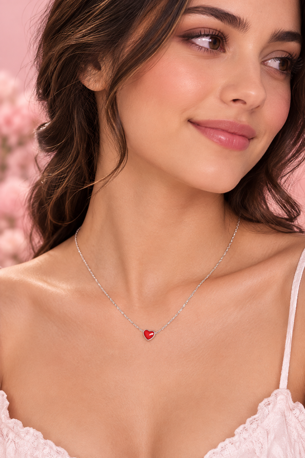 925 Silver Italian Red Enamel Heart Pendant Chain