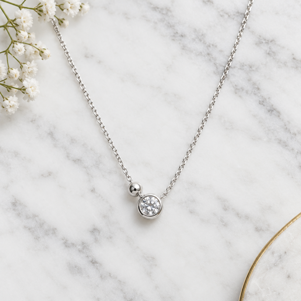925 Silver Italian Minimalist CZ Solitaire Bezel Pendant Chain
